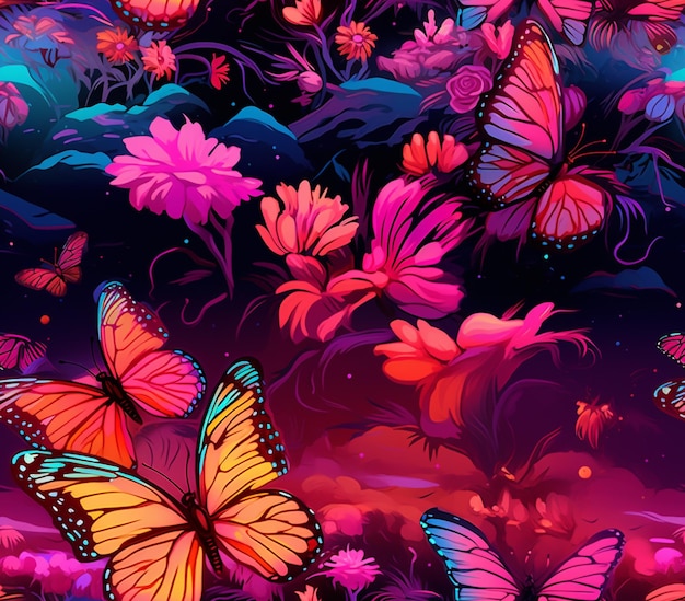 farfalle e fiori in un campo con uno sfondo scuro generativo ai