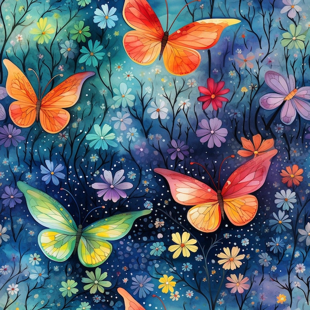 farfalle e fiori in un campo di blu e arancione generativo ai