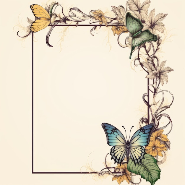 farfalle e fiori in una cornice quadrata su sfondo beige