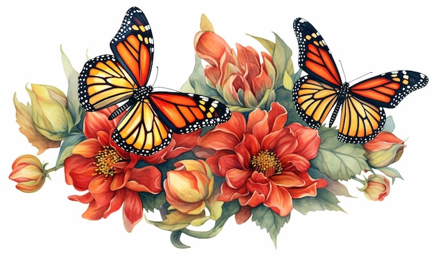 Farfalle e fiori sono dipinti in acquerello in stile AI Generative