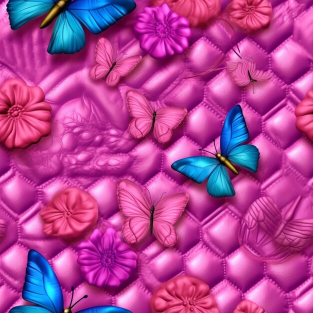 Farfalle e fiori su una trapunta rosa con uno sfondo trapuntato ai generativo