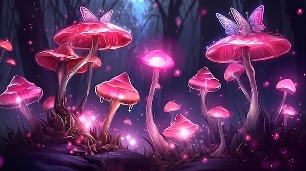Farfalle e funghi magici in una fiaba Incantevole bosco elfico onirico con fantastici fiori rosa che sbocciano contro un ombroso cielo notturno GENERARE AI