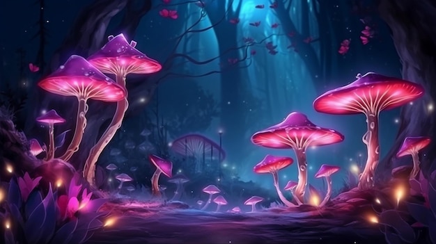 Farfalle e funghi magici in una fiaba Incantevole bosco elfico onirico con fantastici fiori rosa che sbocciano contro un oscuro cielo notturno GENERARE AI
