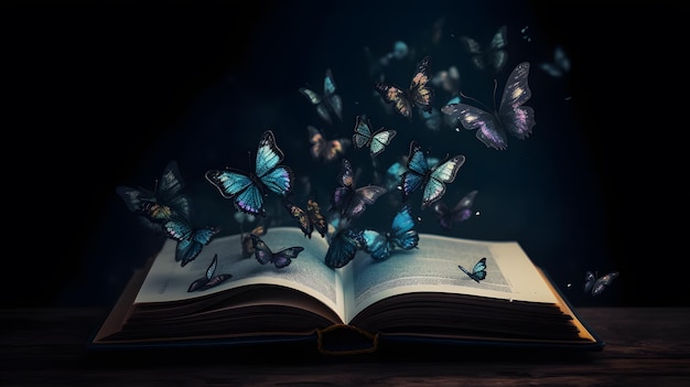 Farfalle e magia Un'illustrazione di un libro fantasy con pagine luminose e libri volanti in foto artistiche