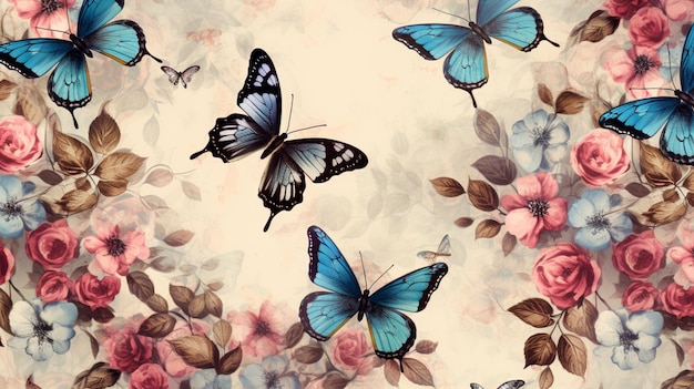 Farfalle e rose su uno sfondo floreale con uno sfondo bianco ai generativo