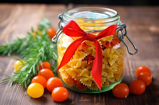 Farfalle o archi di pasta italiana secca e colorata e fettuccini con pomodori rosmarino in barattolo di vetro