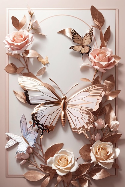 Farfalle su un muro con fiori rosa e oro