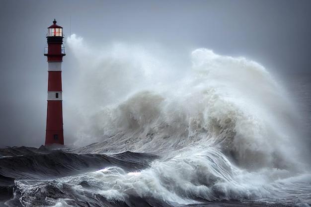 Fari solitari sulla riva delle onde dell'oceano in tempesta