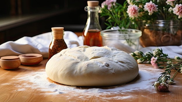 Farina a spillo di legno e pasta di lievito fresco contro una cucina bianca con design interno minimalista panetteria casalinga AI generativa