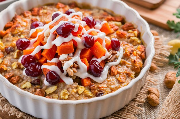 Farina d'avena al forno con noci di carota e uva passa servita con mirtilli canditi