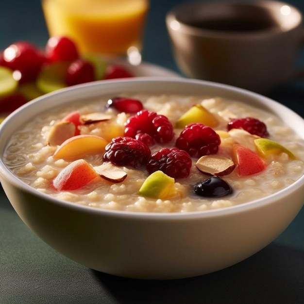 Farina d'avena con bacche e noci in una ciotola su uno sfondo scuro