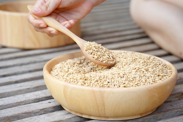 Farina d'avena cruda in un cucchiaio tenuto da una mano di donna con una ciotola di legno piena di avena sotto. Il concetto di uno stile di vita sano, concetto di cibo vegano.