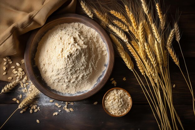 Farina di grano con cucchiaio e orecchie sulla tavola da cucina ingrediente di cottura per ricette deliziose