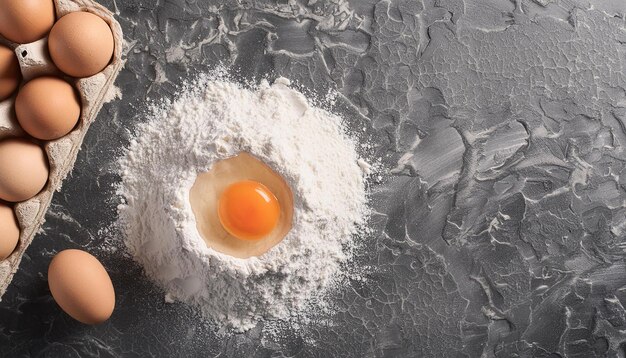 Farina di grano e uova di pollo su uno sfondo di cottura scuro Concetto di cucina e cottura Piatto