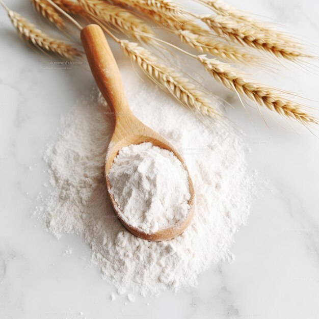 Farina di grano su cucchiaio di legno su sfondo di marmo bianco vista in primo piano