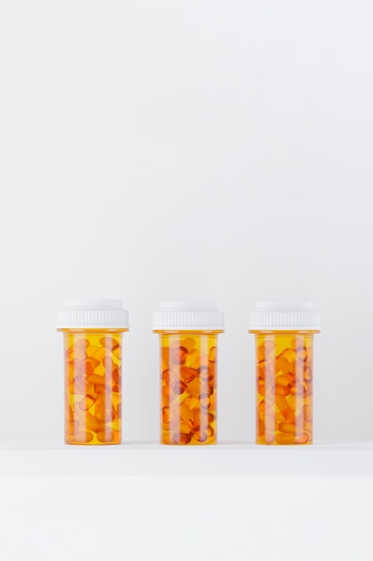 Farmaci antidepressivi in vasetti di plastica sul rendering 3d dello scaffale