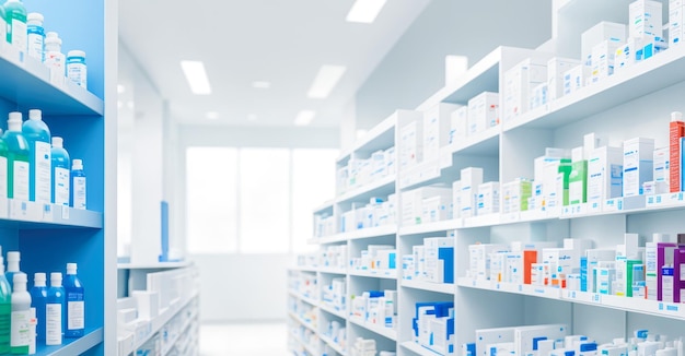 Farmacia farmacia sfocare sfondo astratto con farmaci e prodotti sanitari sugli scaffali Ritaglio di scaffali riempiti di vari prodotti medicinali in farmacia