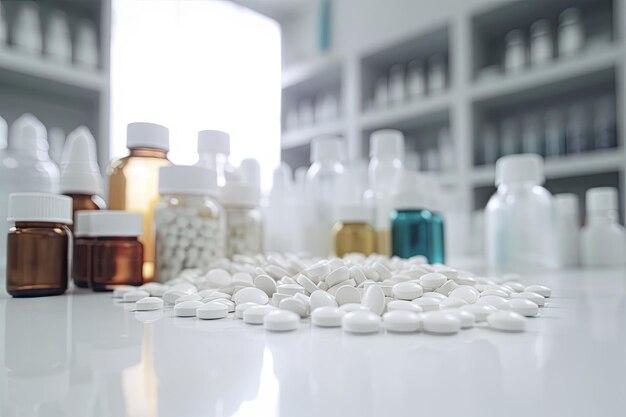 Farmacia farmacia sfocato sfondo pillole mediche e bottiglie sul tavolo concetto di salute