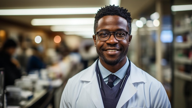 farmacista afroamericano con occhiali di camice bianco in farmacia