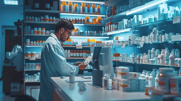 Farmacista che compila la ricetta sul computer