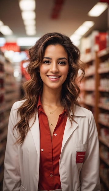 Farmacista Donna in camice rosso e bianco