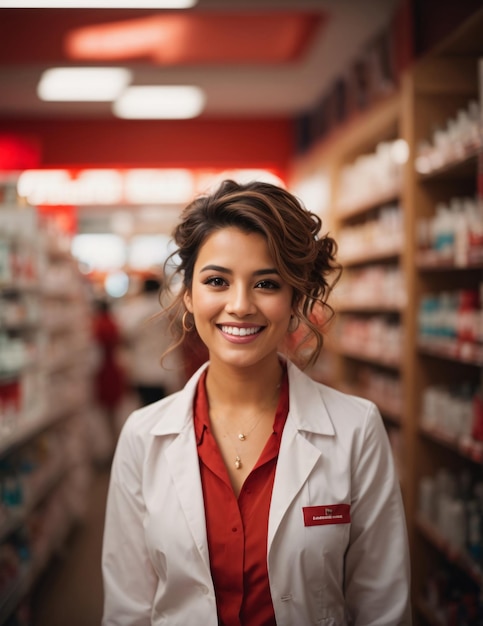 Farmacista Donna in camice rosso e bianco