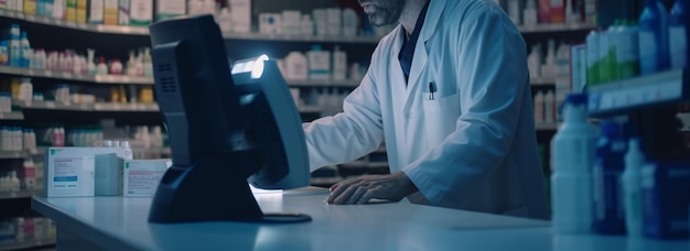 Farmacista maschio che usa il computer in una farmacia rigenerativa ai