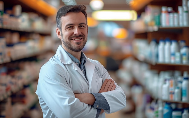 Farmacista maschio sorridente in camice bianco