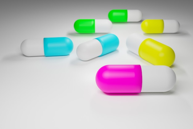 Farmaco in capsule a colori su sfondo bianco, rendering dell'illustrazione 3d