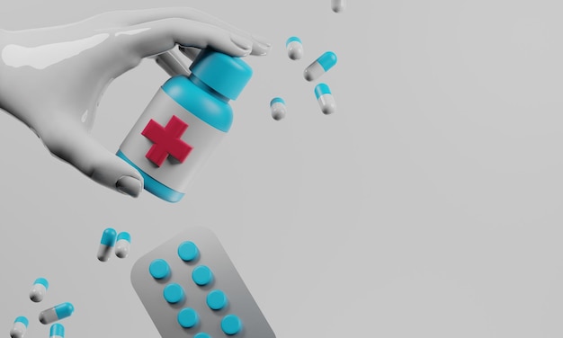 Farmaco per paziente pillole capsula di medicina per l'assistenza sanitaria in ospedale medico e trattamento assicurativo rendering 3d illustrazione