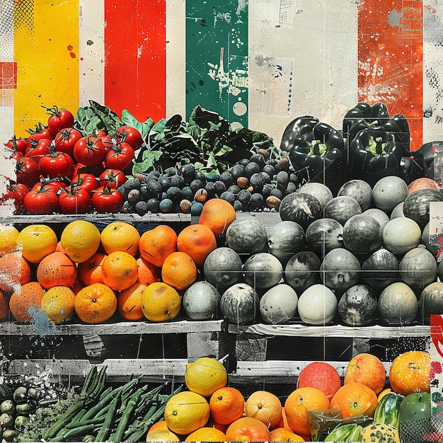 Farmers Market Essence Collage d'arte contemporanea che celebra i prodotti locali