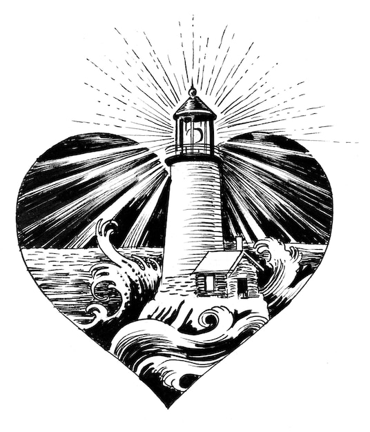 Faro a forma di cuore. Disegno a inchiostro in bianco e nero