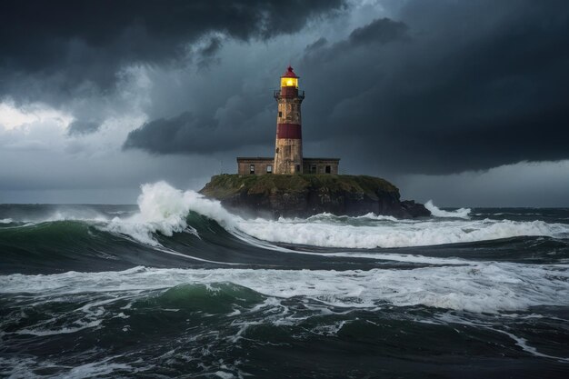 Faro che sopporta i mari tempestosi al crepuscolo