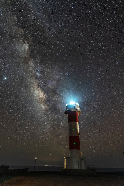 Faro di Fuencaliente con la via lattea sulla rotta dei vulcani a sud dell'isola di La Palma, Isole Canarie, Spagna