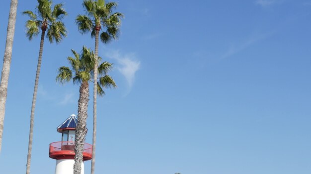 Faro, palme e cielo blu. Faro rosso e bianco. Villaggio del porto di lungomare. California USA