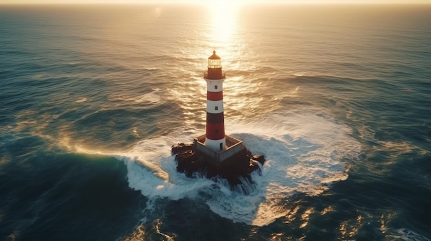 Faro solitario colpito dalle onde dell'oceano in una giornata di sole al tramonto