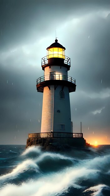 Faro su un'isola con forti onde al tramonto