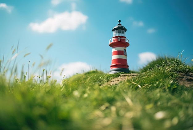 faro su una collina erbosa sotto un cielo blu nello stile della tradizione olandese