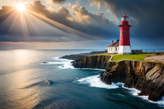 Faro su una scogliera con il sole che splende attraverso le nuvole