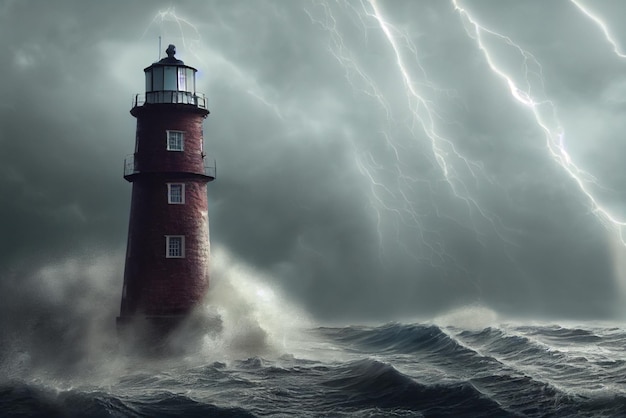 Faro sull'alta scogliera verticale in mezzo al mare in tempesta