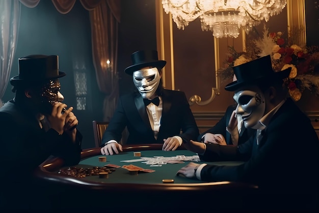 Fascino e intrighi ricchi uomini in maschera si riuniscono per una partita di poker in un sontuoso casinò