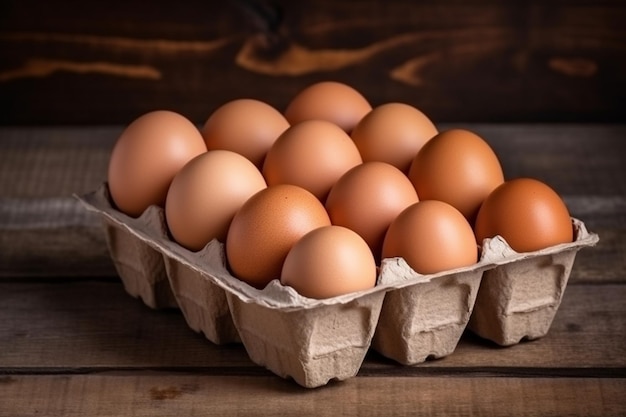 Fascino rustico uova marroni in confezione di fabbrica su uno sfondo di legno