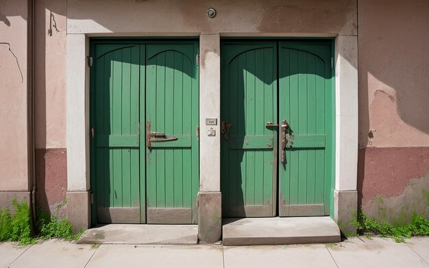 Fascino vintage della vecchia porta verde dell'eleganza stagionata