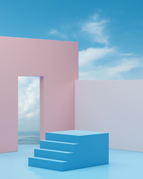 Fase del podio delle scale con cielo blu e sfondo dell'oceano per il rendering 3d di posizionamento del prodotto