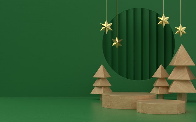 Fase del prodotto a tema verde natalizio con albero di legno e stelle per promo o banner. illustrazione 3D