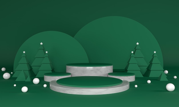 Fase del prodotto a tema verde natalizio con albero e stelle per illustrazione promozionale o banner 3d