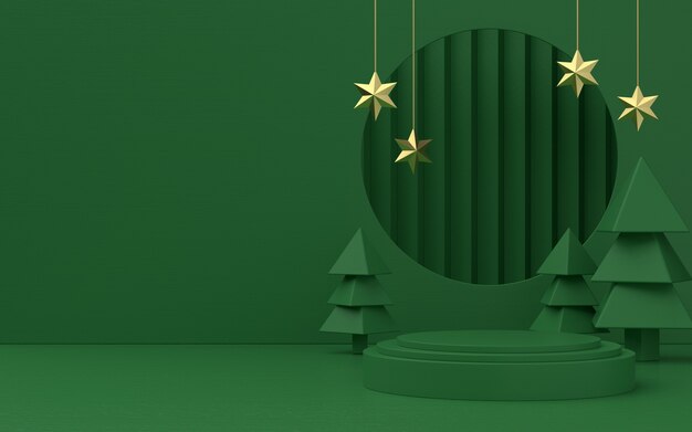 Fase del prodotto a tema verde natalizio con albero e stelle per promo o banner. illustrazione 3D