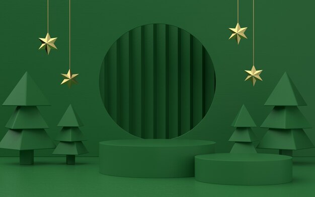 Fase del prodotto a tema verde natalizio con albero e stelle per promo o banner. illustrazione 3D