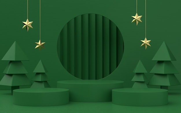 Fase del prodotto a tema verde natalizio con albero e stelle per promo o banner. illustrazione 3D
