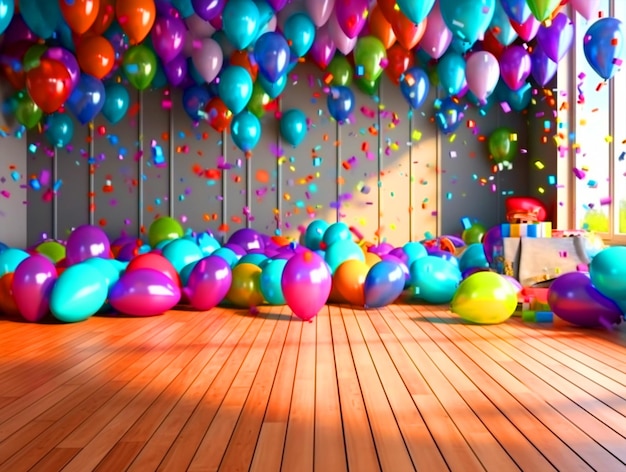 Fase di festa di compleanno con disposizione di palloncini colorati